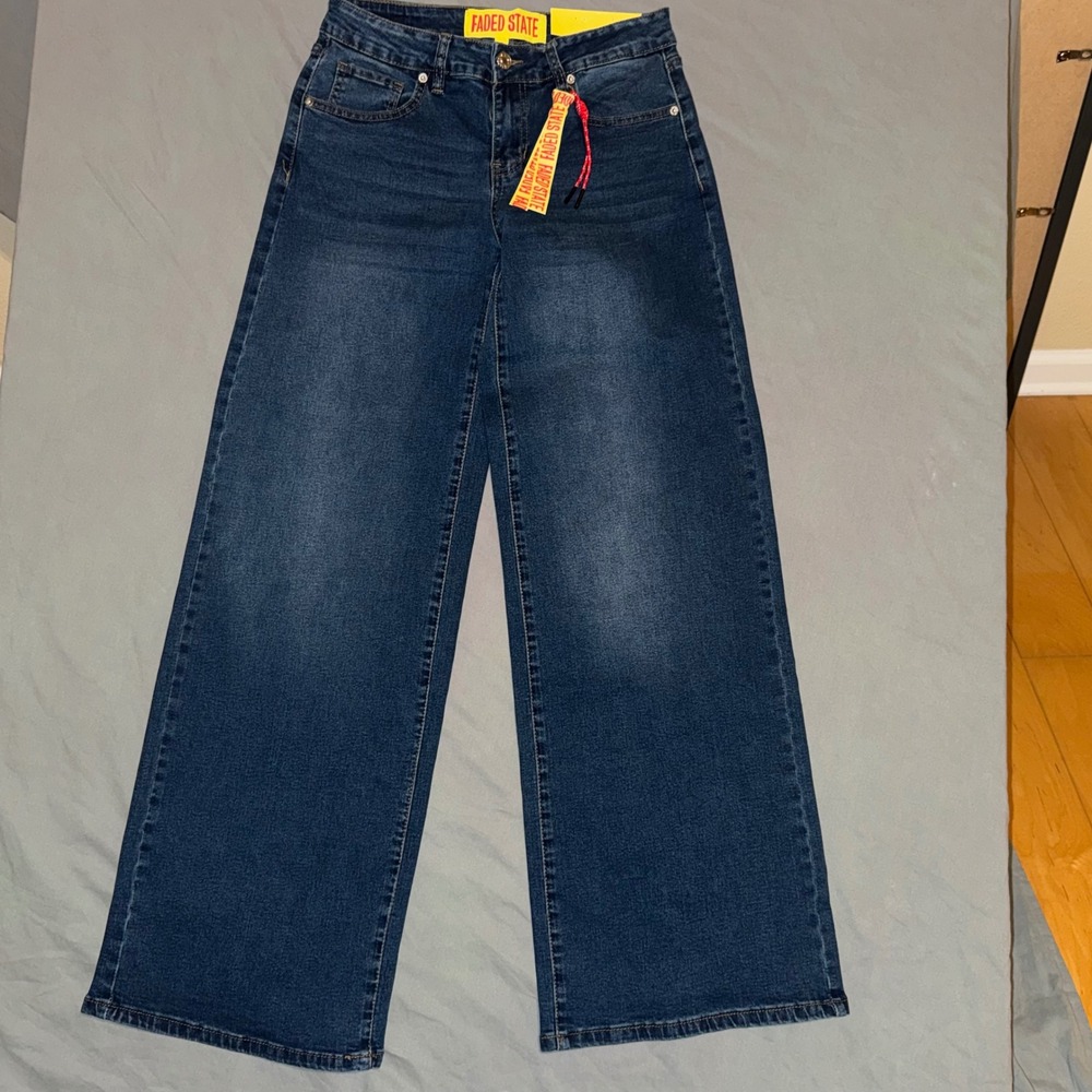Faded State Low Rise Wide Leg Studded Wing Blue Denim Jeans Womens Size 7 NEW